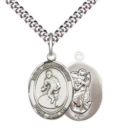 Mens Medium Oval Pewter Saint St. Christopher Wrestling Medal Pendant on 24 Inch Rhodium Plated Heavy Curb Brass Chain w/ Lobster Claw Clasp, Catholic Religious Necklace - Made in USA- Velvet Gift Box