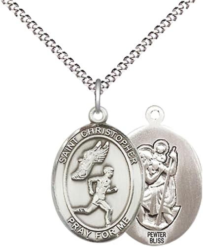 Medium Women's Pewter Saint St. Christopher Track & Field Pendant Necklace on 18- inch Rhodium- Plated Lite Curb Brass Chain – 3/4- inch Medal with Lobster Claw Clasp, Catholic Medal – Velvet Gift Box Included