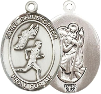 Medium Men's Pewter Saint St. Christopher Track&Field Medal Pendant on 24 Inch Endless Rhodium Plated Heavy Curb Brass Chain, Catholic Religious Necklace - Made in USA - Deluxe Velvet Gift Box