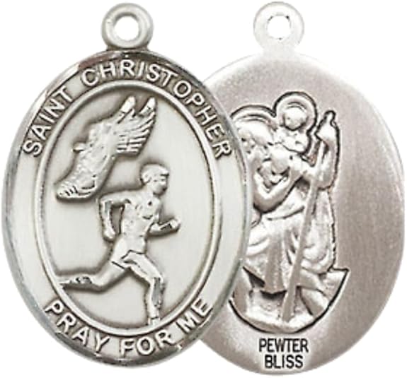 Medium Men's Pewter Saint St. Christopher Track&Field Medal Pendant on 24 Inch Endless Rhodium Plated Heavy Curb Brass Chain, Catholic Religious Necklace - Made in USA - Deluxe Velvet Gift Box