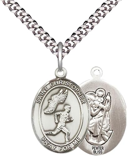 Medium Men's Pewter Saint St. Christopher Track&Field Medal Pendant on 24 Inch Endless Rhodium Plated Heavy Curb Brass Chain, Catholic Religious Necklace - Made in USA - Deluxe Velvet Gift Box