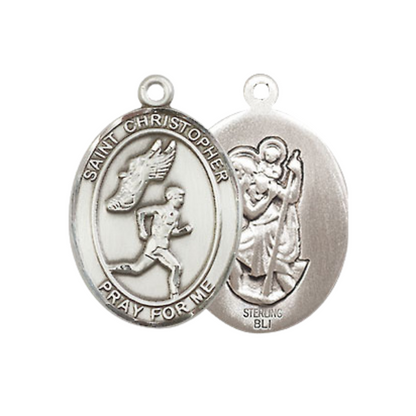 .925 Sterling Silver Saint St. Christopher Medal Pendant w/ 18 Inch Rhodium Plated Lite Curb Brass Chain w/ Lobster Claw Clasp, Catholic Religious Necklace - Made in USA- Prayer Card Included