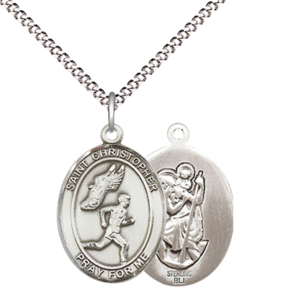 .925 Sterling Silver Saint St. Christopher Medal Pendant w/ 18 Inch Rhodium Plated Lite Curb Brass Chain w/ Lobster Claw Clasp, Catholic Religious Necklace - Made in USA- Prayer Card Included
