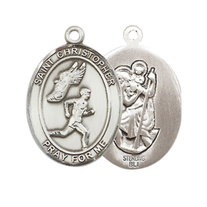 Medium Mens Oval .925 Sterling Silver Saint St. Christopher Track&Field Medal Pendant on 24 Inch Rhodium Plated Heavy Curb Brass Chain w/ Lobster Claw Clasp, Catholic Religious Necklace- Made in USA- Gift Boxed