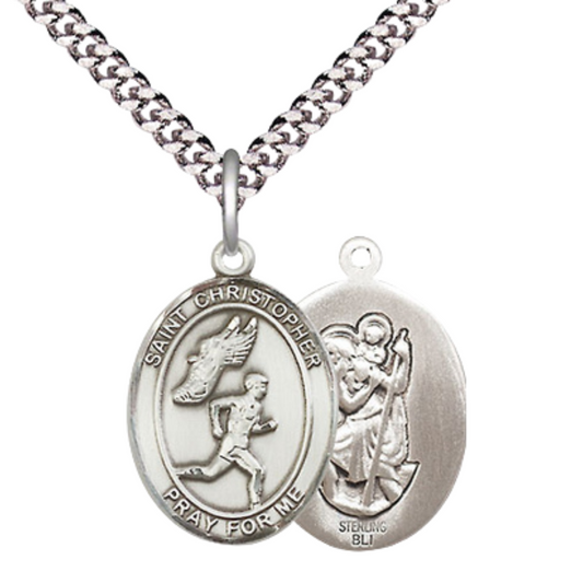 Medium Men's .925 Sterling Silver Saint St. Christopher Track&Field Medal Pendant on 24 Inch Endless Rhodium Plated Heavy Curb Brass Chain, Catholic Religious Necklace - Made in USA- Deluxe Velvet Gift Box
