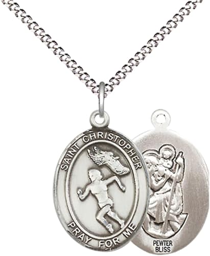 Everlasting Light Jewelry Medium Women's Pewter Saint St. Christopher Track&Field Medal Pendant on 18 Inch Rhodium Plated Lite Curb Brass Chain w/Lobster Claw clasp, Made in USA, Catholic Medal - Deluxe Velvet Gift Box