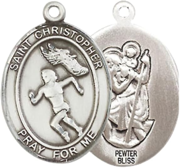 Everlasting Light Jewelry Medium Women's Pewter Saint St. Christopher Track&Field Medal Pendant on 18 Inch Rhodium Plated Lite Curb Brass Chain w/Lobster Claw clasp, Made in USA, Catholic Medal - Deluxe Velvet Gift Box