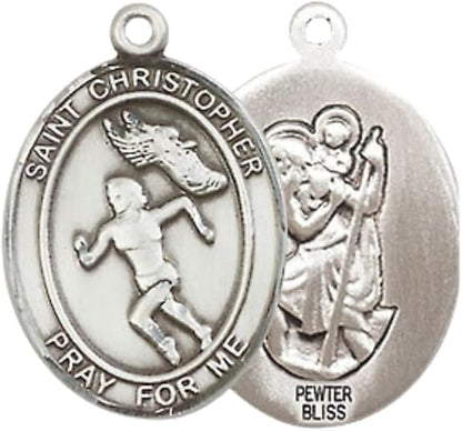 Everlasting Light Jewelry Medium Women's Pewter Saint St. Christopher Track&Field Medal Pendant on 18 Inch Rhodium Plated Lite Curb Brass Chain w/Lobster Claw clasp, Made in USA, Catholic Medal - Deluxe Velvet Gift Box