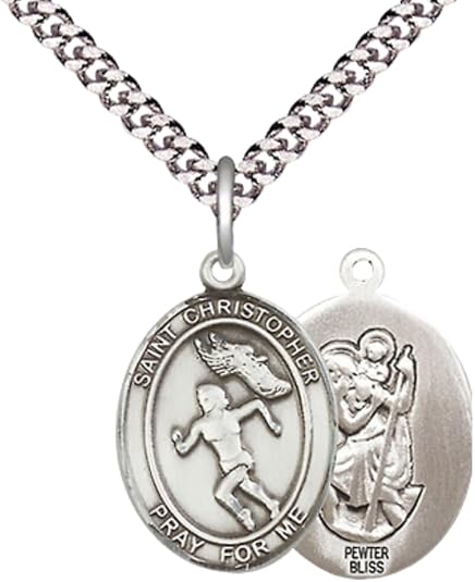 Medium Men's Pewter Saint St.Christopher Track&Field Medal Pendant on 24 Inch Endless Rhodium Plated Heavy Curb Brass Chain, Catholic Religious Necklace -Made in USA- Deluxe Velvet Gift Box