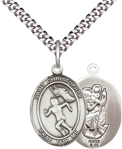 Medium Men's Pewter Saint St.Christopher Track&Field Medal Pendant on 24 Inch Endless Rhodium Plated Heavy Curb Brass Chain, Catholic Religious Necklace -Made in USA- Deluxe Velvet Gift Box