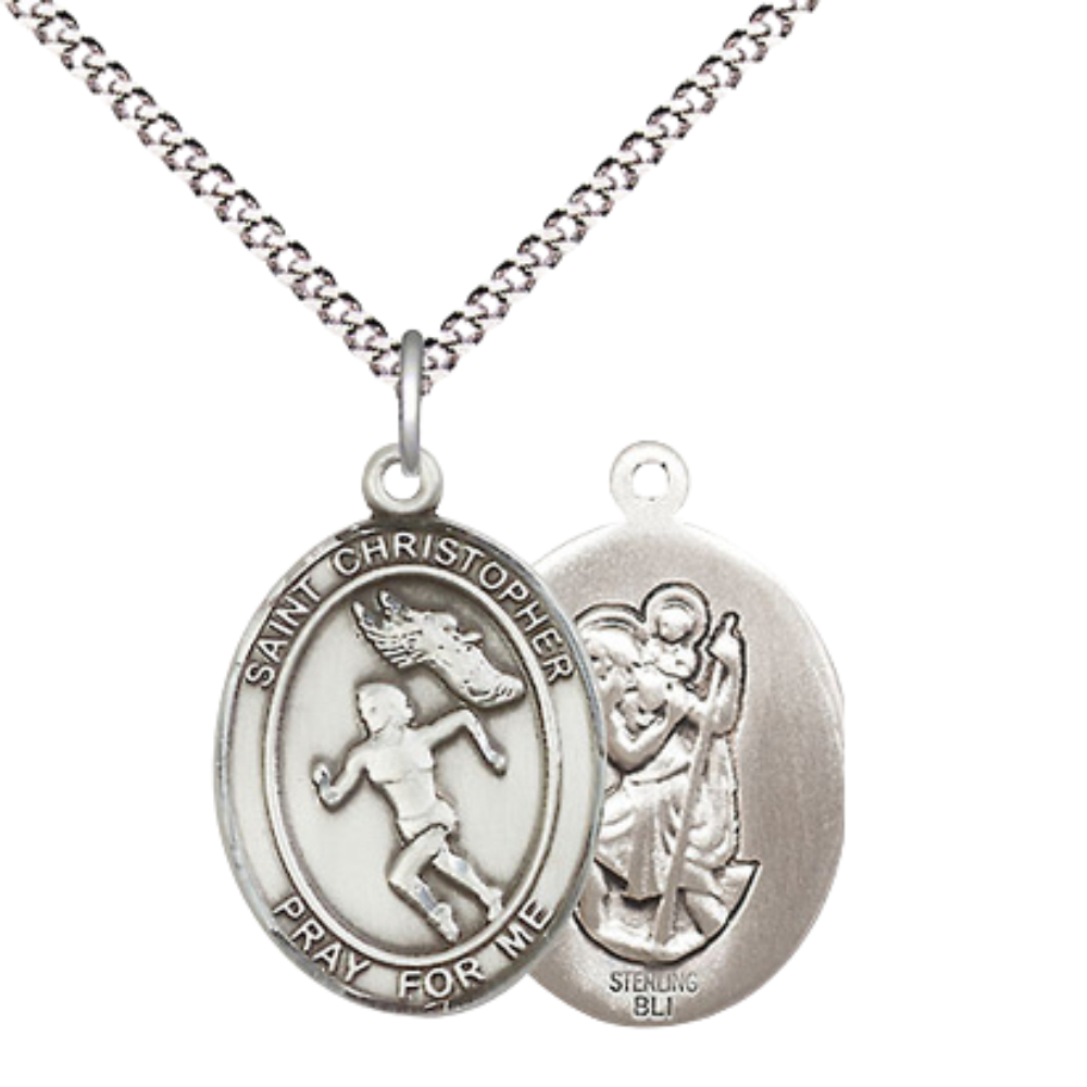 .925 Sterling Silver Saint St. Christopher Medal Pendant on 18 Inch Rhodium Plated Lite Curb Brass Chain w/ Lobster Claw Clasp, Catholic Religious Necklace - Made in USA- Prayer Card Included