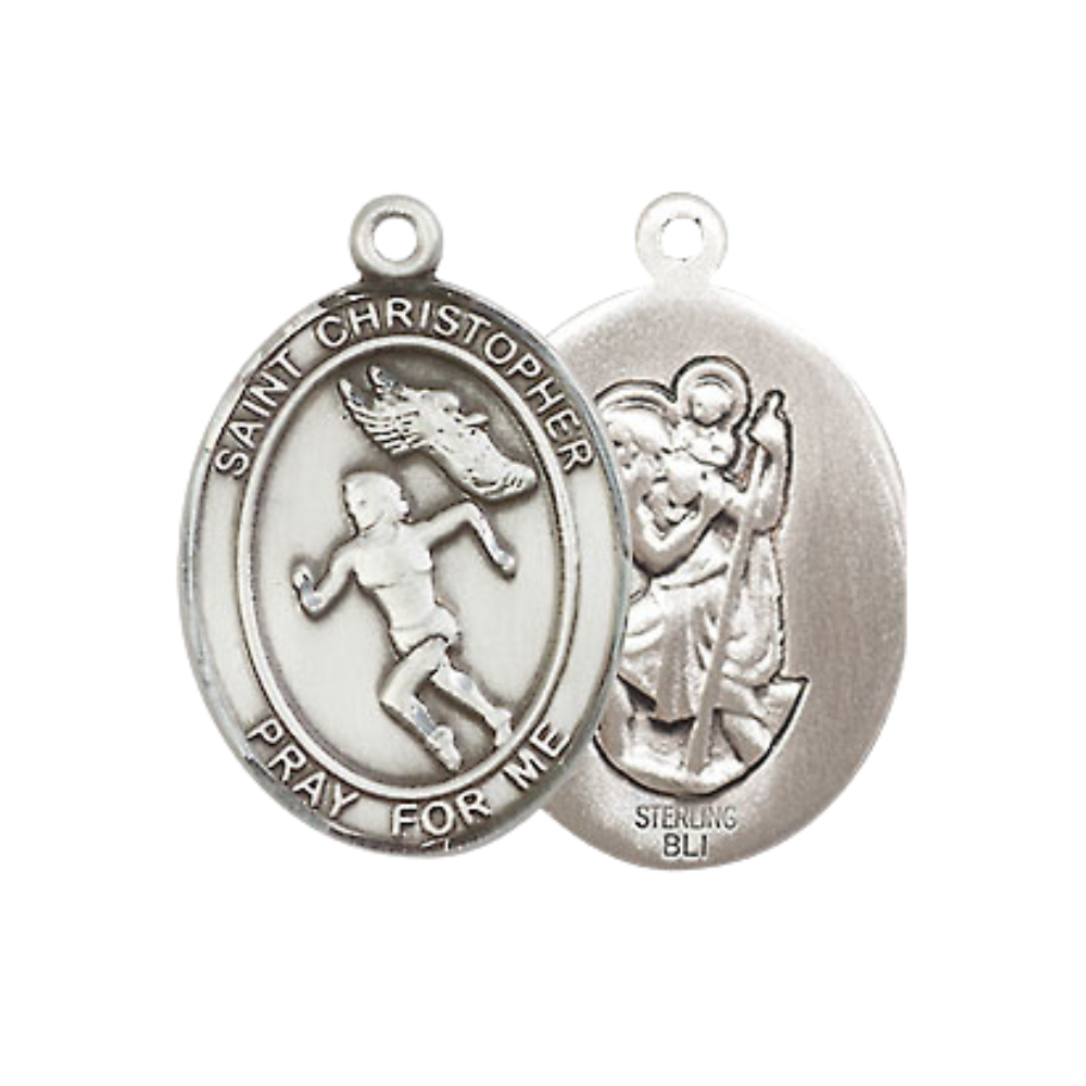 .925 Sterling Silver Saint St. Christopher Medal Pendant on 18 Inch Rhodium Plated Lite Curb Brass Chain w/ Lobster Claw Clasp, Catholic Religious Necklace - Made in USA- Prayer Card Included