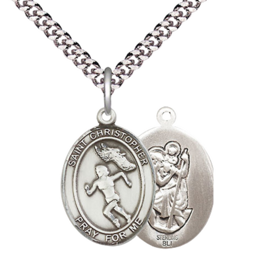 Medium Men's .925 Sterling Silver Saint St. Christopher Track&Field Medal Pendant on 24 Inch Endless Rhodium Plated Heavy Curb Brass Chain, Catholic Religious Necklace - Made in USA- Deluxe Velvet Gift Box