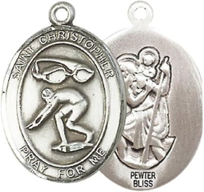Pewter Saint St. Christopher Medal Pendant on 18 Inch Rhodium Plated Lite Curb Brass Chain w/ Lobster Claw Clasp, Catholic Religious Necklace - Made in USA- Prayer Card Included