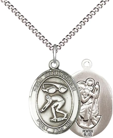 Medium Women's Pewter Saint Christopher Swimming Pendant Necklace on 18-inch Rhodium-Plated Lite Curb Brass Chain – 3/4-inch Medal with Lobster Claw Clasp – Velvet Gift Box Included