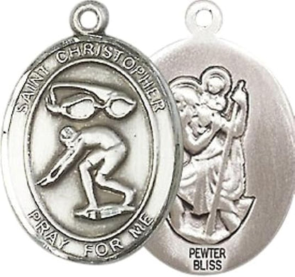 Medium Men's Pewter Saint St. Christopher Swimming Medal Pendant on 24 Inch Endless Rhodium Plated Heavy Curb Brass Chain, Catholic Religious Necklace - Made in USA- Deluxe Velvet Gift Box