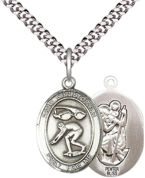 Medium Men's Pewter Saint St. Christopher Swimming Medal Pendant on 24 Inch Endless Rhodium Plated Heavy Curb Brass Chain, Catholic Religious Necklace - Made in USA- Deluxe Velvet Gift Box