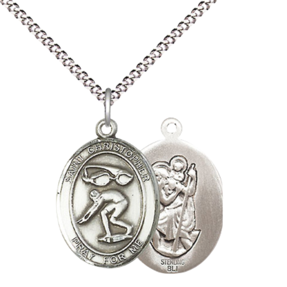 .925 Sterling Silver Saint St. Christopher Medal Pendant on 18 Inch Rhodium Plated Lite Curb Brass Chain w/ Lobster Claw Clasp, Catholic Religious Necklace - Made in USA- Prayer Card Included