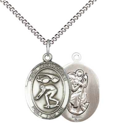 .925 Sterling Silver Saint St. Christopher Medal Pendant on 18 Inch Rhodium Plated Lite Curb Brass Chain w/ Lobster Claw Clasp, Catholic Religious Necklace - Made in USA- Prayer Card Included