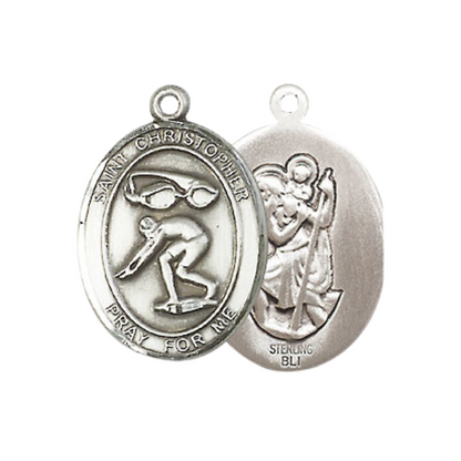 Everlasting Light Jewelry Medium Women's .925 Sterling Silver Saint St. Christopher Swimming Pendant Necklace on 18- Inch Rhodium- Plated Lite Curb Brass Chain, Catholic Medal, Velvet Gift Box Included