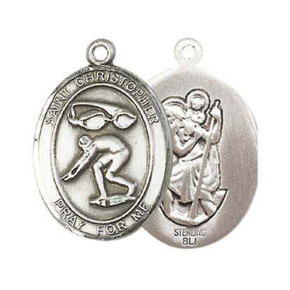 Medium Men's .925 Sterling Silver Saint Christopher Swimming Medal Pendant on 24 Inch Endless Rhodium Plated Heavy Curb Brass Chain, Catholic Religious Necklace -Made in USA- Deluxe Velvet Gift Box
