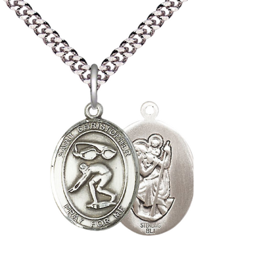 Medium Men's .925 Sterling Silver Saint Christopher Swimming Medal Pendant on 24 Inch Endless Rhodium Plated Heavy Curb Brass Chain, Catholic Religious Necklace -Made in USA- Deluxe Velvet Gift Box