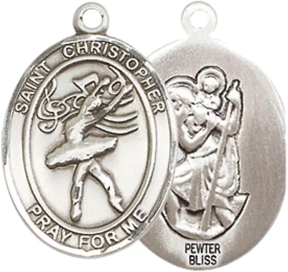 Everlasting Light Jewelry Medium Women's Pewter Saint St. Christopher Dance Pendant Necklace on 18- inch Rhodium- Plated Lite Curb Brass Chain – 3/4- inch Medal with Lobster Claw Clasp, Catholic Medal – Velvet Gift Box Included