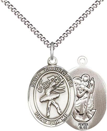 Everlasting Light Jewelry Medium Women's Pewter Saint St. Christopher Dance Pendant Necklace on 18- inch Rhodium- Plated Lite Curb Brass Chain – 3/4- inch Medal with Lobster Claw Clasp, Catholic Medal – Velvet Gift Box Included