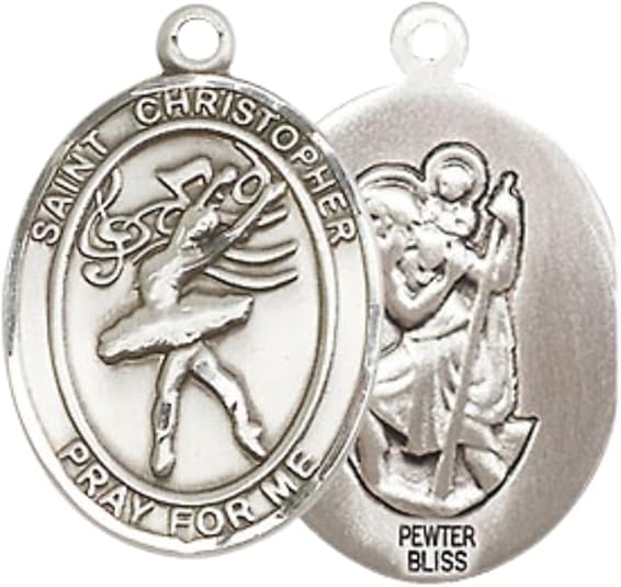 Medium Men's Pewter Saint St. Christopher Dance Medal Pendant on 24 Inch Endless Rhodium Plated Heavy Curb Brass Chain, Catholic Religious Necklace - Made in USA - Deluxe Velvet Gift Box