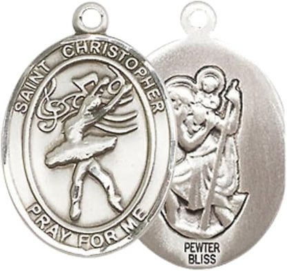 Medium Men's Pewter Saint St. Christopher Dance Medal Pendant on 24 Inch Endless Rhodium Plated Heavy Curb Brass Chain, Catholic Religious Necklace - Made in USA - Deluxe Velvet Gift Box