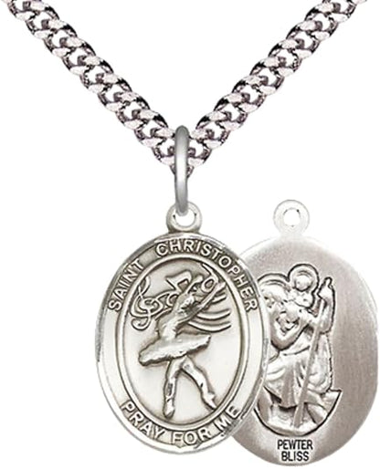 Medium Men's Pewter Saint St. Christopher Dance Medal Pendant on 24 Inch Endless Rhodium Plated Heavy Curb Brass Chain, Catholic Religious Necklace - Made in USA - Deluxe Velvet Gift Box