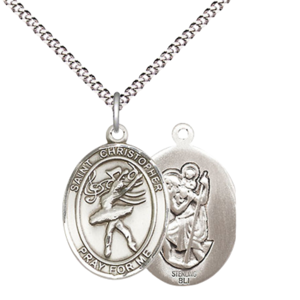 Everlasting Light Jewelry Medium Women's .925 Sterling Silver Saint St. Christopher Dance Pendant Necklace on 18- Inch Rhodium- Plated Lite Curb Brass Chain, Catholic Medal, Velvet Gift Box Included