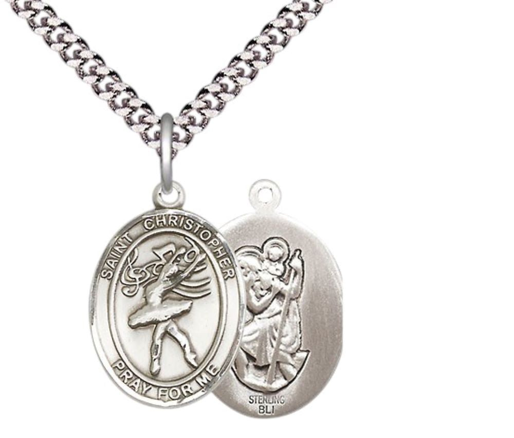 Medium Men's .925 Sterling Silver Saint Christopher Dance Medal Pendant on 24 Inch Endless Rhodium Plated Heavy Curb Brass Chain, Catholic Religious Necklace -Made in USA- Deluxe Velvet Gift Box