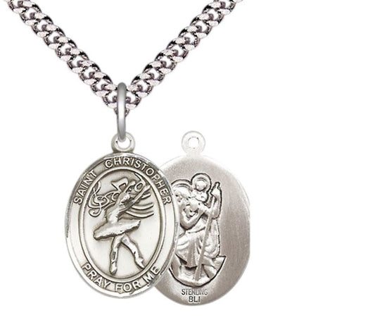 Medium Men's .925 Sterling Silver Saint Christopher Dance Medal Pendant on 24 Inch Endless Rhodium Plated Heavy Curb Brass Chain, Catholic Religious Necklace -Made in USA- Deluxe Velvet Gift Box