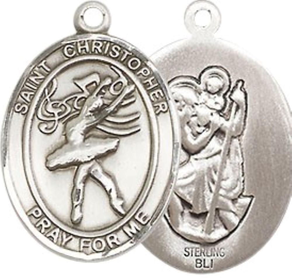 Medium Men's .925 Sterling Silver Saint Christopher Dance Medal Pendant on 24 Inch Endless Rhodium Plated Heavy Curb Brass Chain, Catholic Religious Necklace -Made in USA- Deluxe Velvet Gift Box
