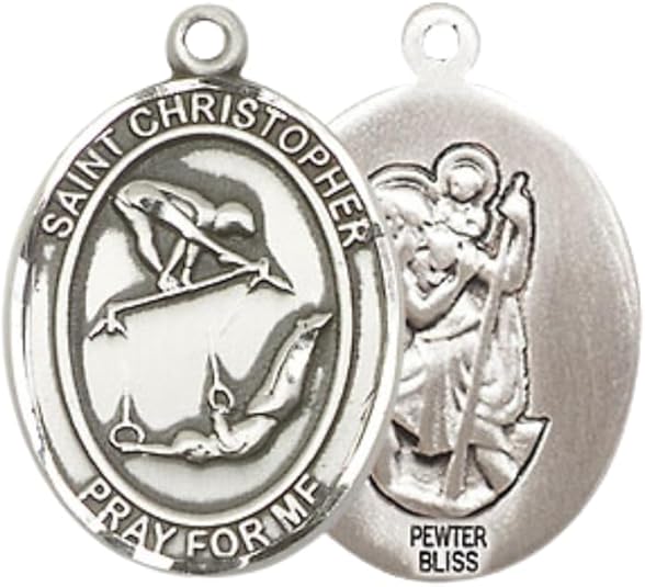 Medium Women's Pewter Saint St. Christopher Gymnastics Pendant Necklace on 18- inch Rhodium- Plated Lite Curb Brass Chain – 3/4- inch Medal with Lobster Claw Clasp, Catholic Medal – Velvet Gift Box Included