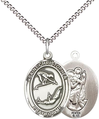 Medium Women's Pewter Saint St. Christopher Gymnastics Pendant Necklace on 18- inch Rhodium- Plated Lite Curb Brass Chain – 3/4- inch Medal with Lobster Claw Clasp, Catholic Medal – Velvet Gift Box Included