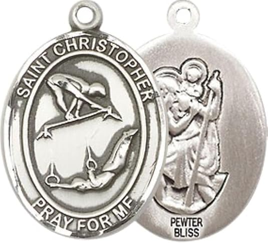 Medium Men's Pewter Saint St. Christopher Gymnastics Medal Pendant on 24 Inch Endless Rhodium Plated Heavy Curb Brass Chain, Catholic Religious Necklace - Made in USA- Deluxe Velvet Gift Box