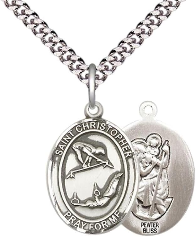 Medium Men's Pewter Saint St. Christopher Gymnastics Medal Pendant on 24 Inch Endless Rhodium Plated Heavy Curb Brass Chain, Catholic Religious Necklace - Made in USA- Deluxe Velvet Gift Box