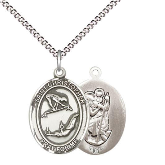 Everlasting Light Jewelry Medium Women's .925 Sterling Silver Saint St. Christopher Gymnastics Pendant Necklace on 18- Inch Rhodium- Plated Lite Curb Brass Chain, Catholic Medal, Velvet Gift Box Included