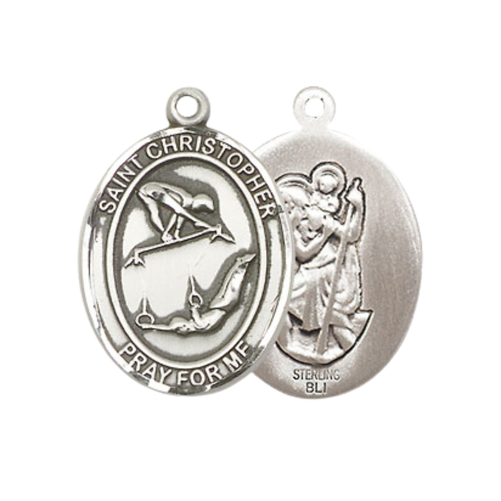 Medium Mens Oval Pewter Saint St. Christopher Gymnastics Medal Pendant on 24 Inch Rhodium Plated Heavy Curb Brass Chain w/ Lobster Claw Clasp, Catholic Religious Necklace - Made in USA- Velvet Gift Box