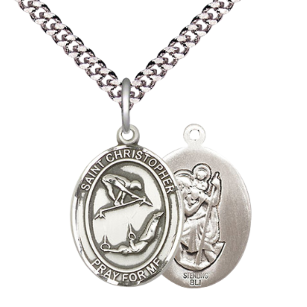 Medium Men's .925 Sterling Silver Saint St. Christopher Gymnastics Medal Pendant on 24 Inch Endless Rhodium Plated Heavy Curb Brass Chain, Catholic Religious Necklace - Made in USA- Deluxe Velvet Gift Box