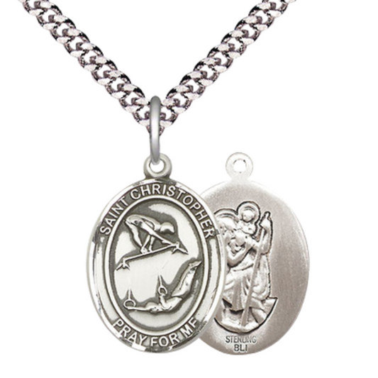 Medium Men's .925 Sterling Silver Saint St. Christopher Gymnastics Medal Pendant on 24 Inch Endless Rhodium Plated Heavy Curb Brass Chain, Catholic Religious Necklace - Made in USA- Deluxe Velvet Gift Box