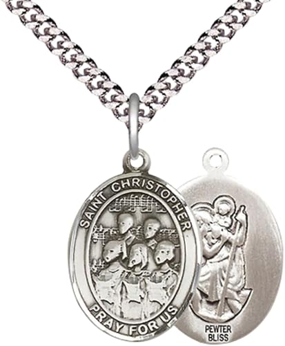 Medium Men's Pewter Saint St. Christopher Choir Medal Pendant on 24 Inch Endless Rhodium Plated Heavy Curb Brass Chain, Catholic Religious Necklace - Made in USA- Deluxe Velvet Gift Box