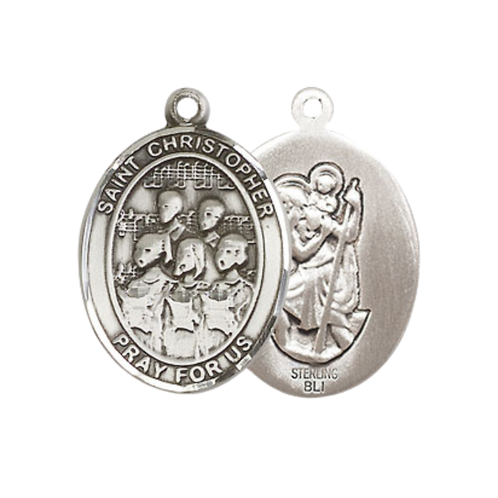 Medium Men's .925 Sterling Silver Saint St. Christopher Choir Medal Pendant on 24 Inch Endless Rhodium Plated Heavy Curb Brass Chain, Catholic Religious Necklace - Made in USA- Deluxe Velvet Gift Box