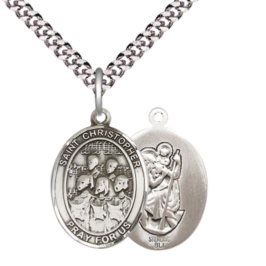 Medium Men's .925 Sterling Silver Saint St. Christopher Choir Medal Pendant on 24 Inch Endless Rhodium Plated Heavy Curb Brass Chain, Catholic Religious Necklace - Made in USA- Deluxe Velvet Gift Box
