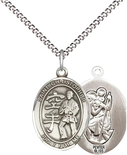 Everlasting Light Jewelry Medium Women's Pewter Saint St. Christopher Karate Pendant Necklace on 18- inch Rhodium- Plated Lite Curb Brass Chain – 3/4- inch Medal with Lobster Claw Clasp, Catholic Medal – Velvet Gift Box Included