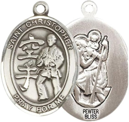Everlasting Light Jewelry Medium Women's Pewter Saint St. Christopher Karate Pendant Necklace on 18- inch Rhodium- Plated Lite Curb Brass Chain – 3/4- inch Medal with Lobster Claw Clasp, Catholic Medal – Velvet Gift Box Included