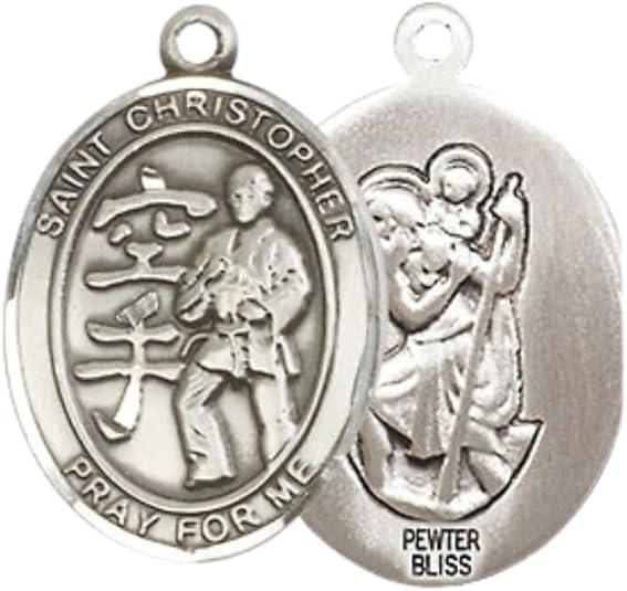 Everlasting Light Jewelry Medium Women's Pewter Saint St. Christopher Karate Pendant Necklace on 18- inch Rhodium- Plated Lite Curb Brass Chain – 3/4- inch Medal with Lobster Claw Clasp, Catholic Medal – Velvet Gift Box Included