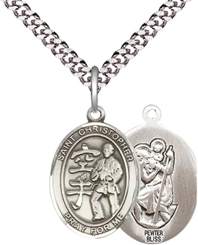 Medium Men's Pewter Saint St. Christopher Karate Medal Pendant on 24 Inch Endless Rhodium Plated Heavy Curb Brass Chain, Catholic Religious Necklace - Made in USA- Deluxe Velvet Gift Box